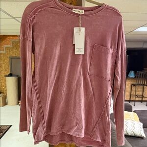Washed Pink Long Sleeve Top with Pocket